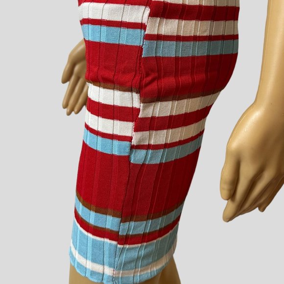 Women Ribbed Woven Bodycon Dress Small S Blue Red White Stretch Wide Stripes - Picture 11 of 15
